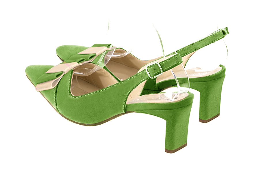 Grass green and gold women's open back shoes, with a knot. Tapered toe. Medium spool heels. Rear view - Florence KOOIJMAN